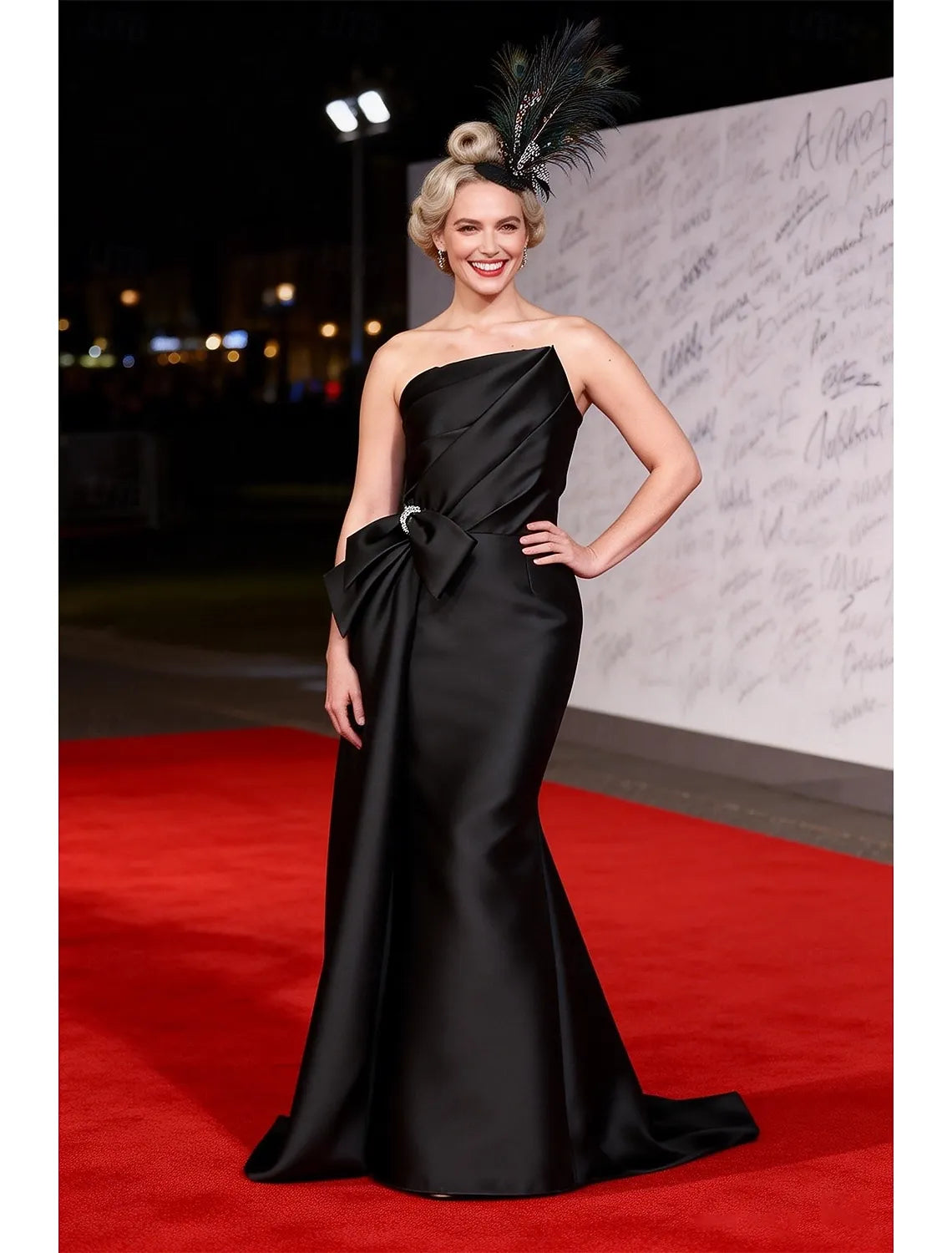 Black Mermaid Strapless Pleated Bow Maxi Prom Dress With Train