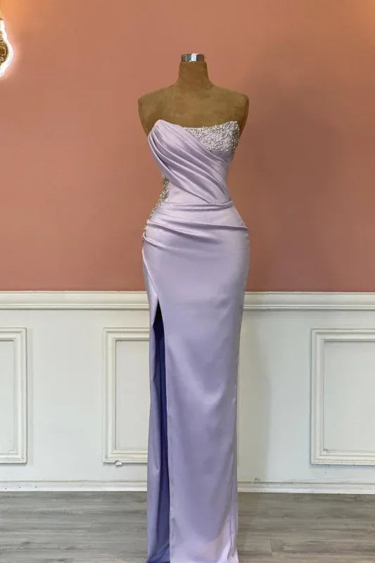 Lavender Mermaid Strapless Ruched Beaded Maxi Prom Dress Hot Sale