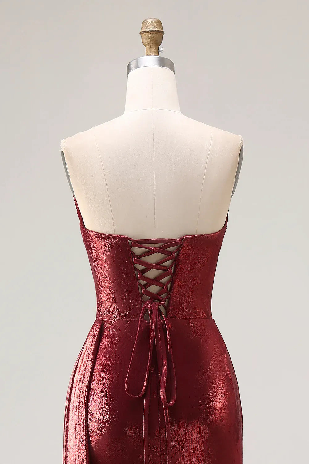 Burgundy Mermaid Strapless Ruched Metallic Long Prom Dress With Slit Custom