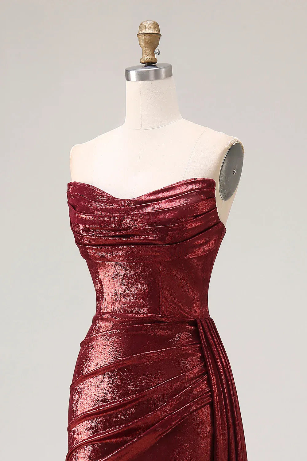 Burgundy Mermaid Strapless Ruched Metallic Long Prom Dress With Slit Custom