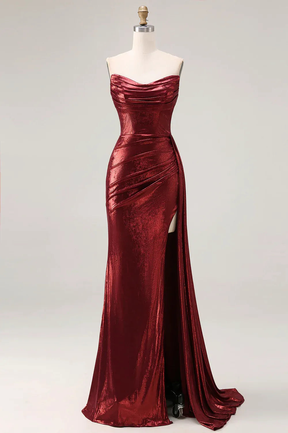 Burgundy Mermaid Strapless Ruched Metallic Long Prom Dress With Slit Custom