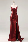 Burgundy Mermaid Strapless Ruched Metallic Long Prom Dress With Slit Custom