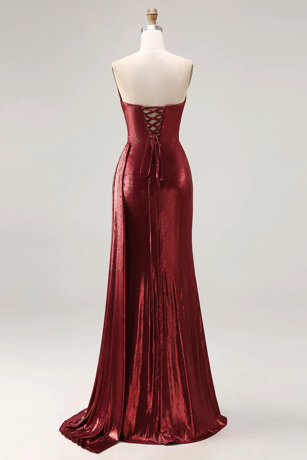 Burgundy Mermaid Strapless Ruched Metallic Long Prom Dress With Slit Custom