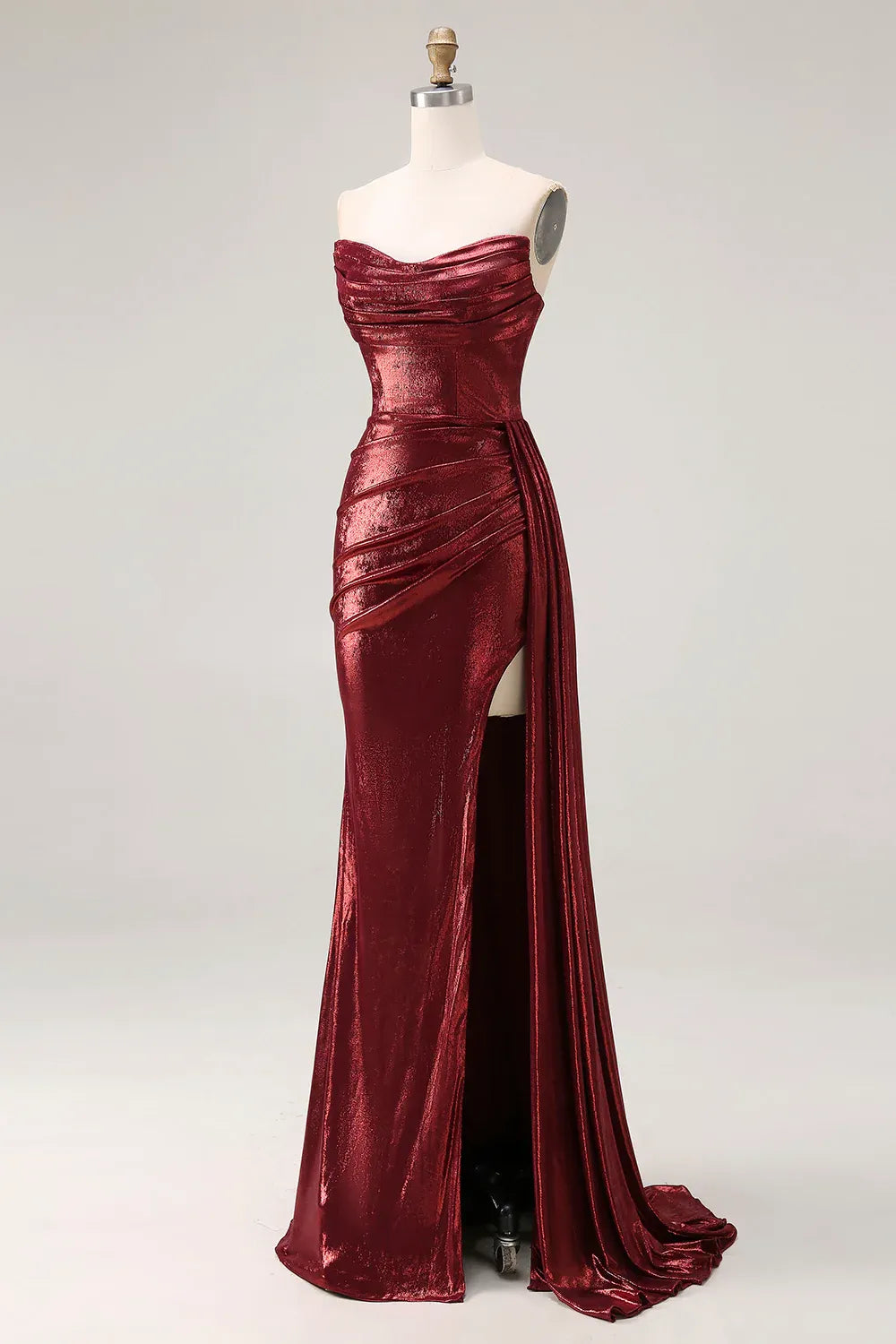 Burgundy Mermaid Strapless Ruched Metallic Long Prom Dress With Slit Custom