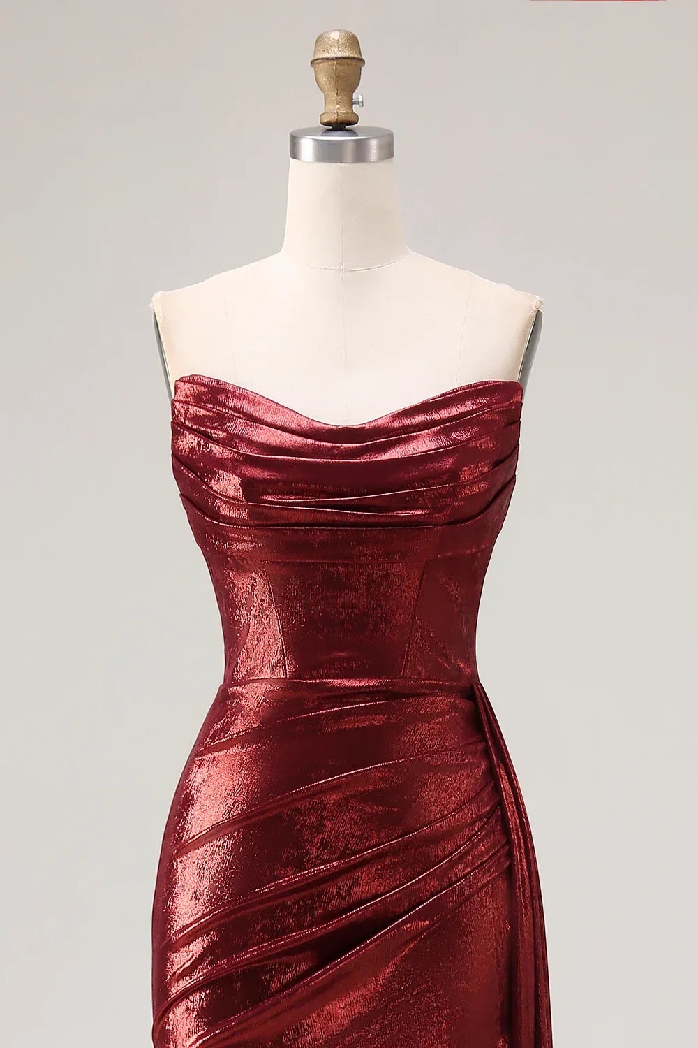 Burgundy Mermaid Strapless Ruched Metallic Long Prom Dress With Slit Custom