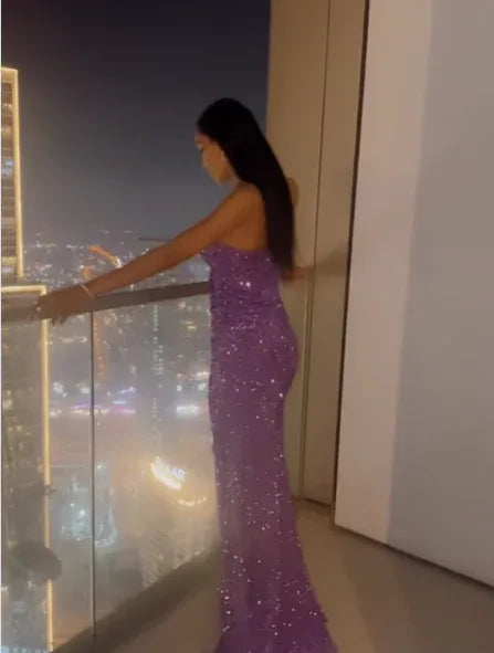 Purple Mermaid Strapless Train Evening Dress With High Slit