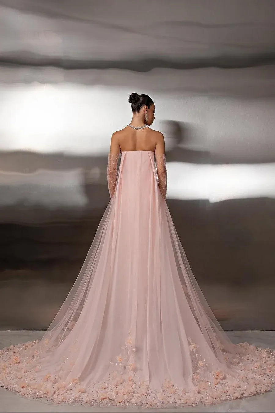 Mermaid Strapless Sleeveless 3D Floral Blush Long Prom Dress With Train No Gloves