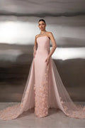 Mermaid Strapless Sleeveless 3D Floral Blush Long Prom Dress With Train No Gloves