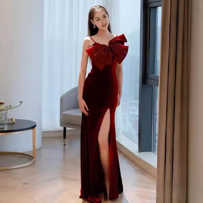 Red Mermaid Straps Party Dress Long Slit Prom Dress