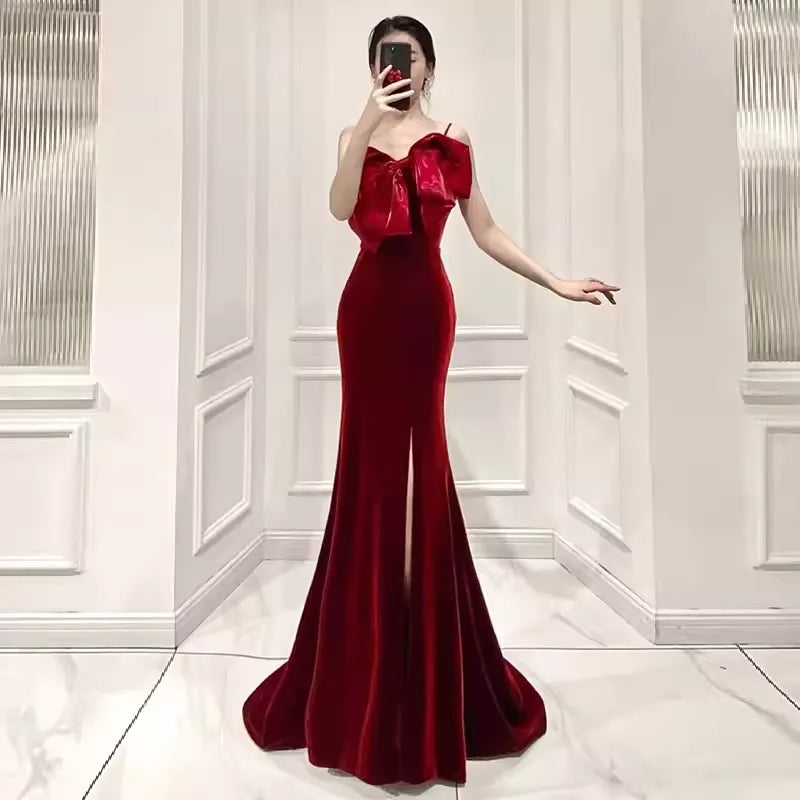 Red Mermaid Straps Party Dress Long Slit Prom Dress