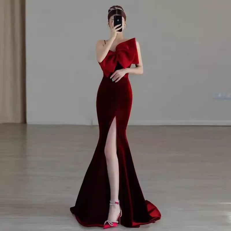 Red Mermaid Straps Party Dress Long Slit Prom Dress