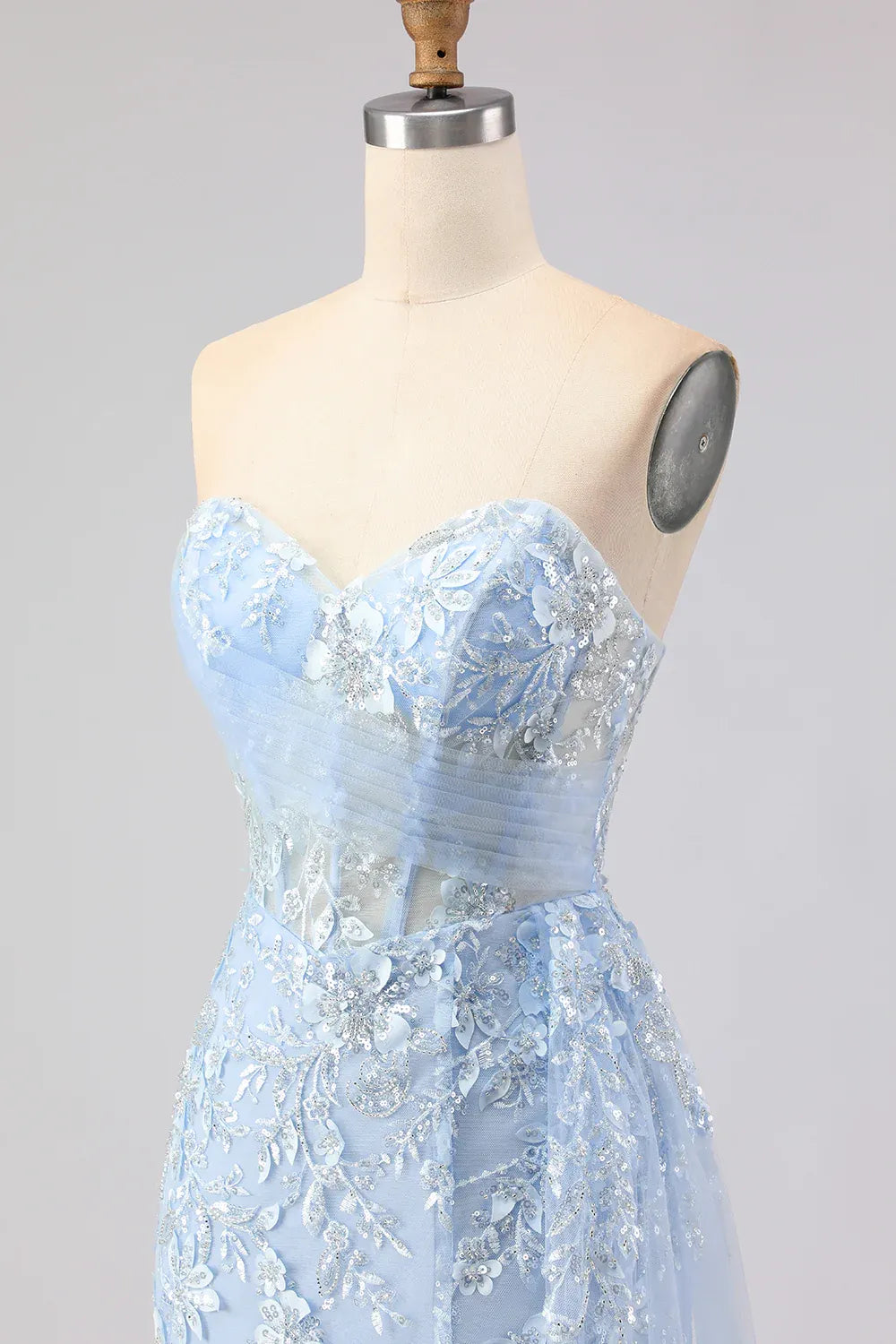 Sky Blue Mermaid Sweetheart Corset Beaded Sky Long Prom Dress With Slit