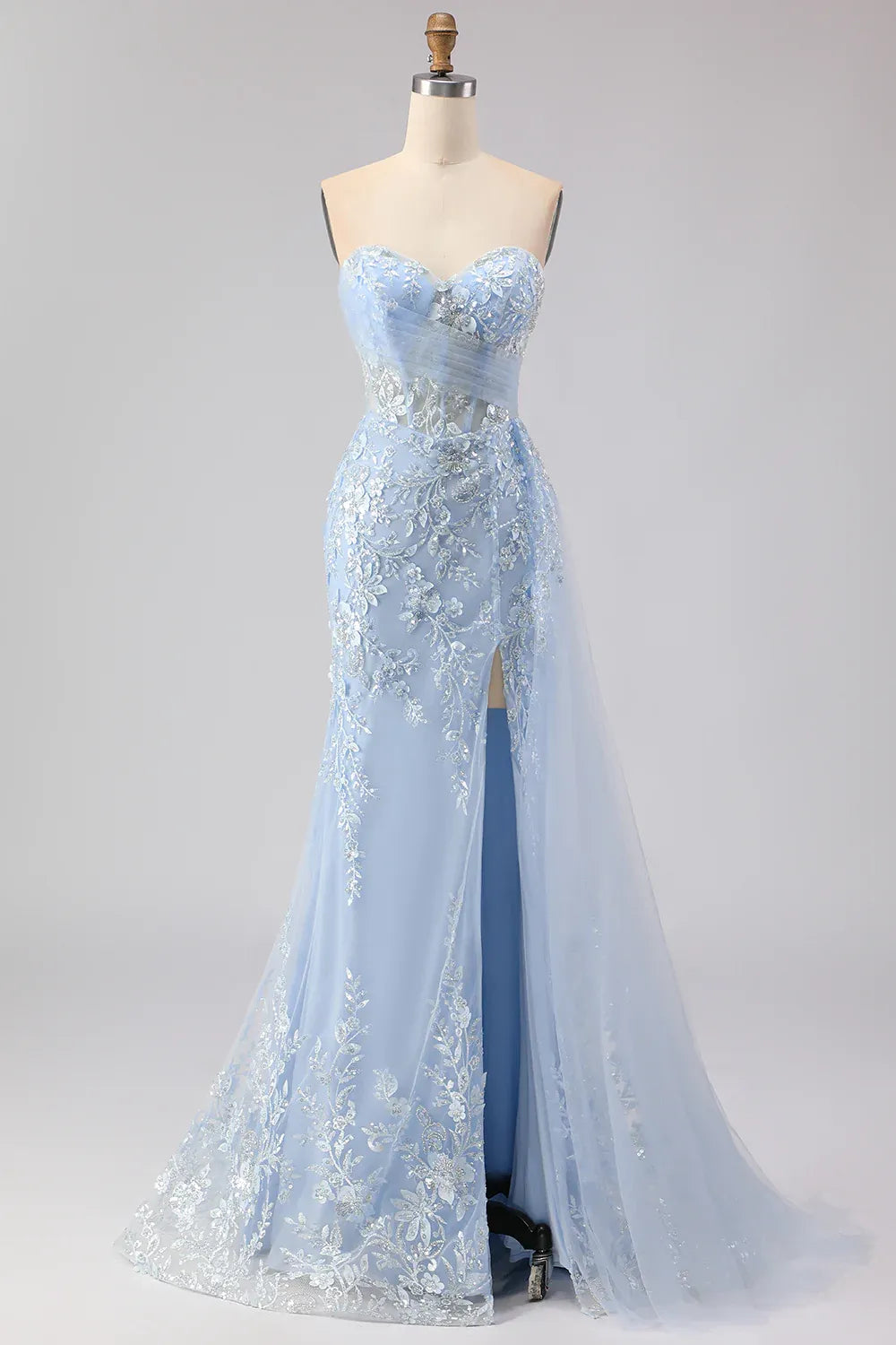 Sky Blue Mermaid Sweetheart Corset Beaded Sky Long Prom Dress With Slit
