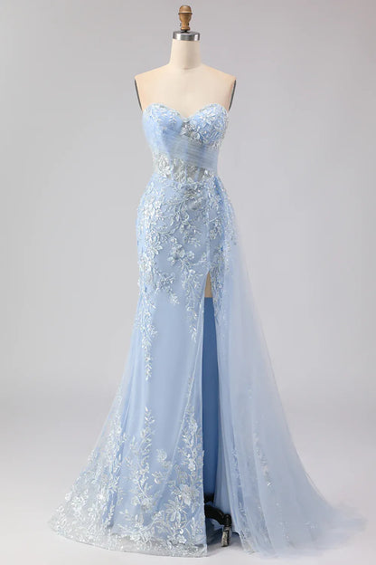 Elegant Sky-Blue Applique Mermaid Sweetheart Classic-Sleeve Lace-Up-Back Floor-Length Prom Dress
