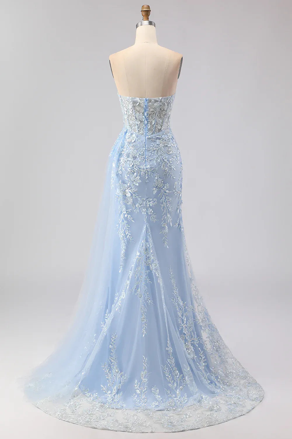 Sky Blue Mermaid Sweetheart Corset Beaded Sky Long Prom Dress With Slit