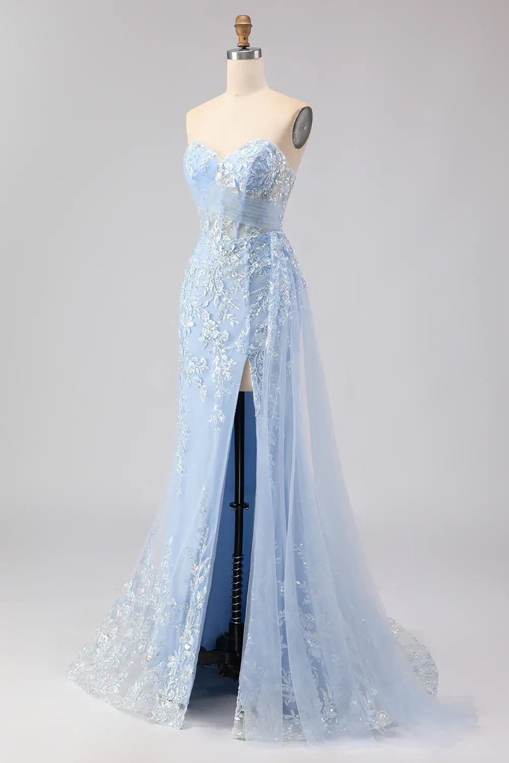 Sky Blue Mermaid Sweetheart Corset Beaded Sky Long Prom Dress With Slit
