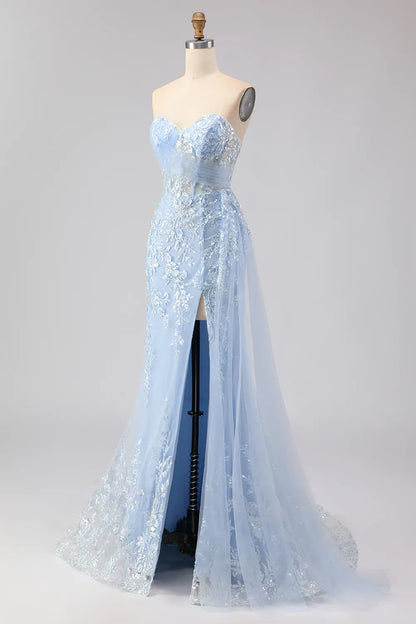 Elegant Sky-Blue Applique Mermaid Sweetheart Classic-Sleeve Lace-Up-Back Floor-Length Prom Dress