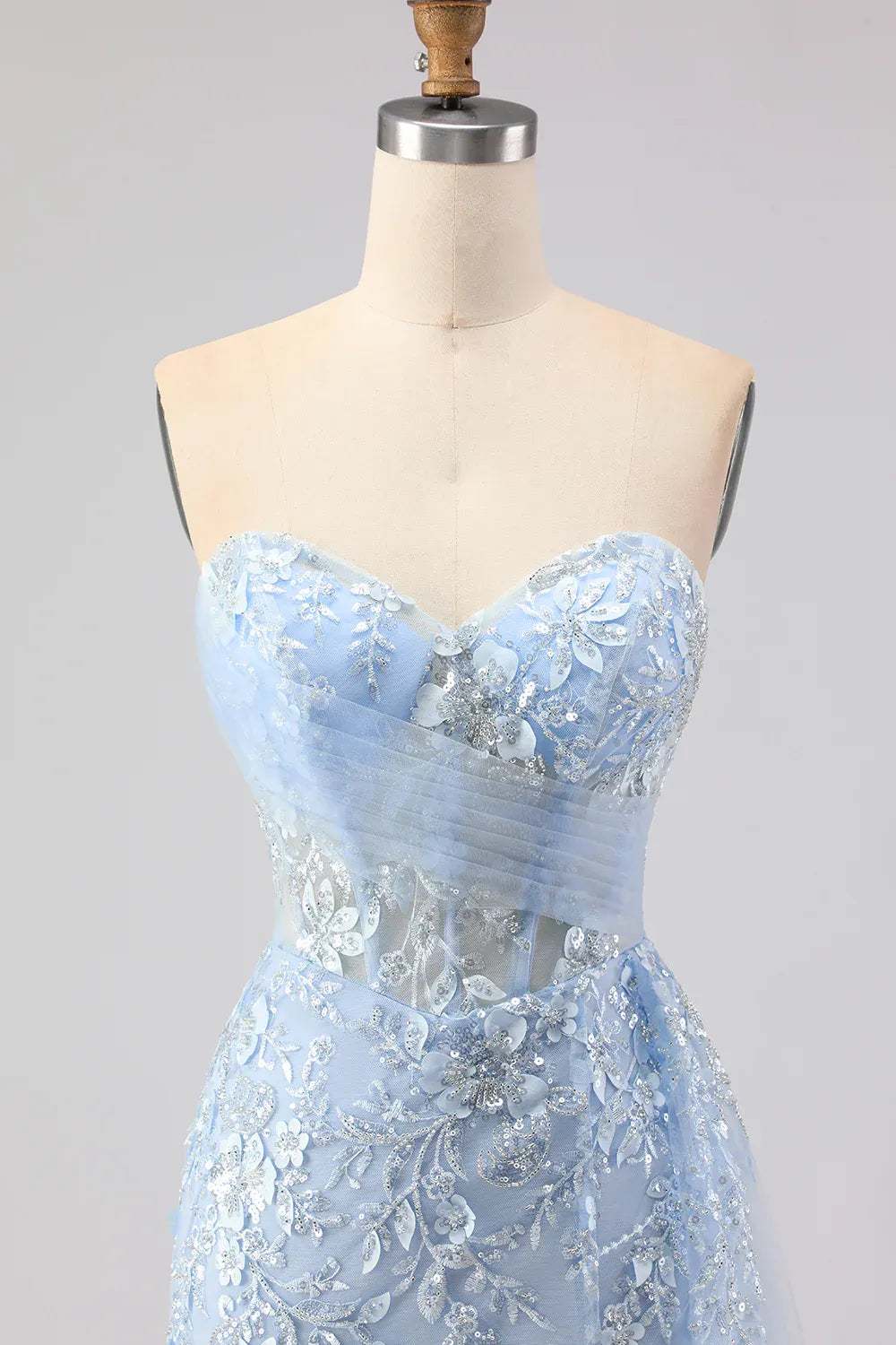 Sky Blue Mermaid Sweetheart Corset Beaded Sky Long Prom Dress With Slit