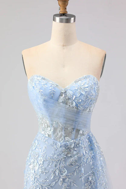 Elegant Sky-Blue Applique Mermaid Sweetheart Classic-Sleeve Lace-Up-Back Floor-Length Prom Dress