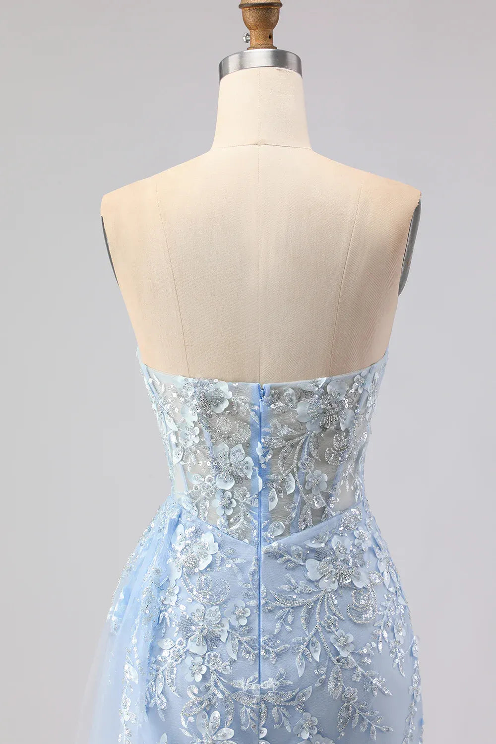 Sky Blue Mermaid Sweetheart Corset Beaded Sky Long Prom Dress With Slit