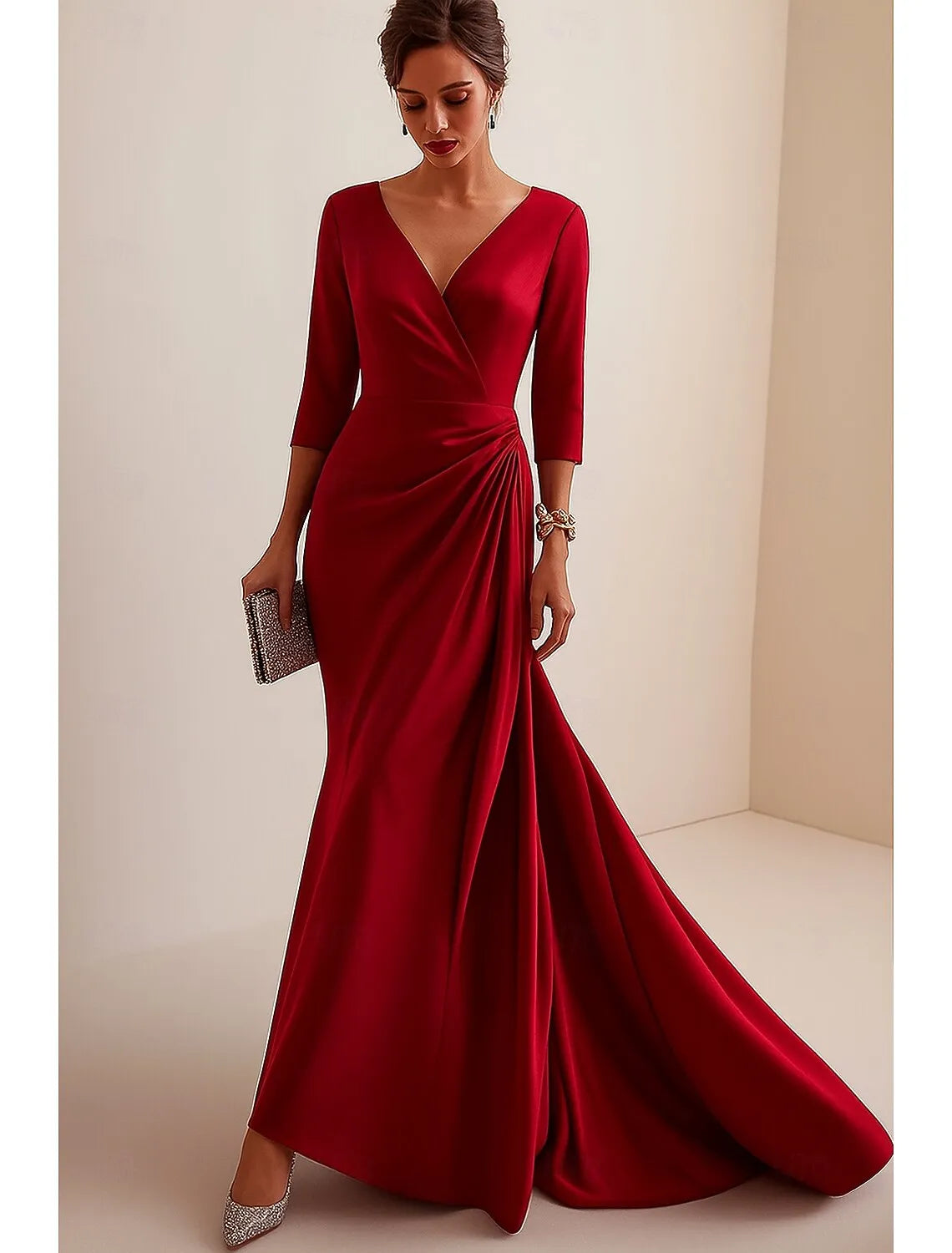 Red Mermaid V-Neck 3/4 Sleeve Ruched Floor Length Prom Dress