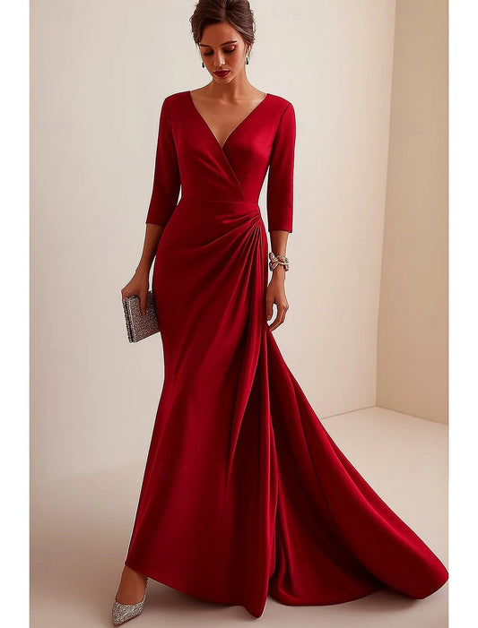 Luxurious Black Mermaid V-Neck Three-Quarter-Sleeve Classic-Back Floor-Length Prom Dress