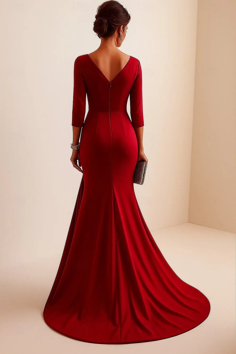 Red Mermaid V-Neck 3/4 Sleeve Ruched Floor Length Prom Dress
