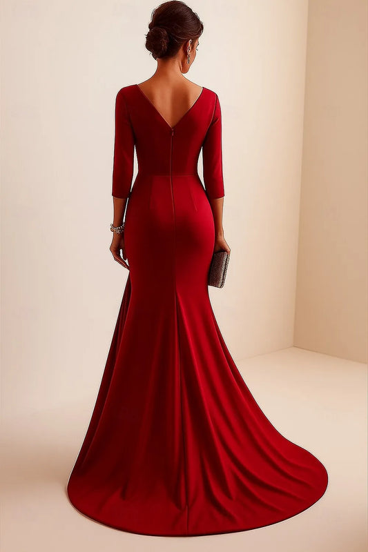 Luxurious Black Mermaid V-Neck Three-Quarter-Sleeve Classic-Back Floor-Length Prom Dress
