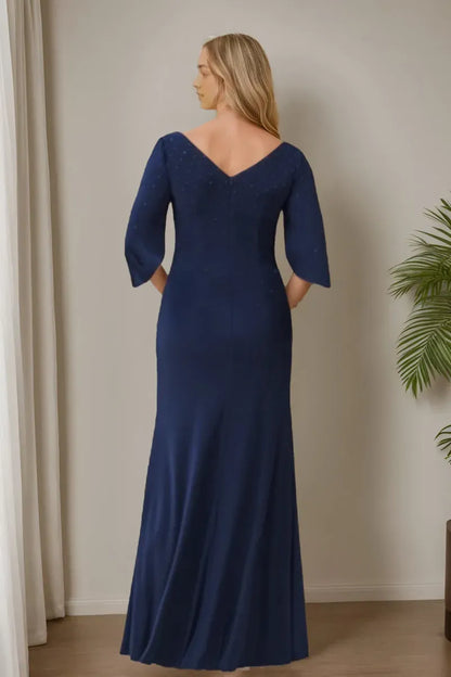 Elegant Red Beaded Mermaid V-Neck Half-Sleeve Classic-Back Floor-Length Mother-of-the-Bride Dress