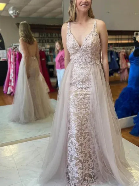 Mermaid V-Neck Open Back Champagne Long Prom Dress With Cape