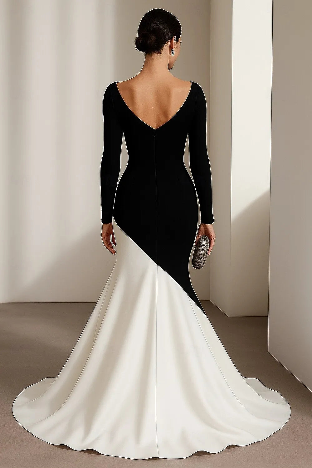 Black Mermaid V-Neck Long Sleeve Crystals Beaded Color Block White Evening Dress