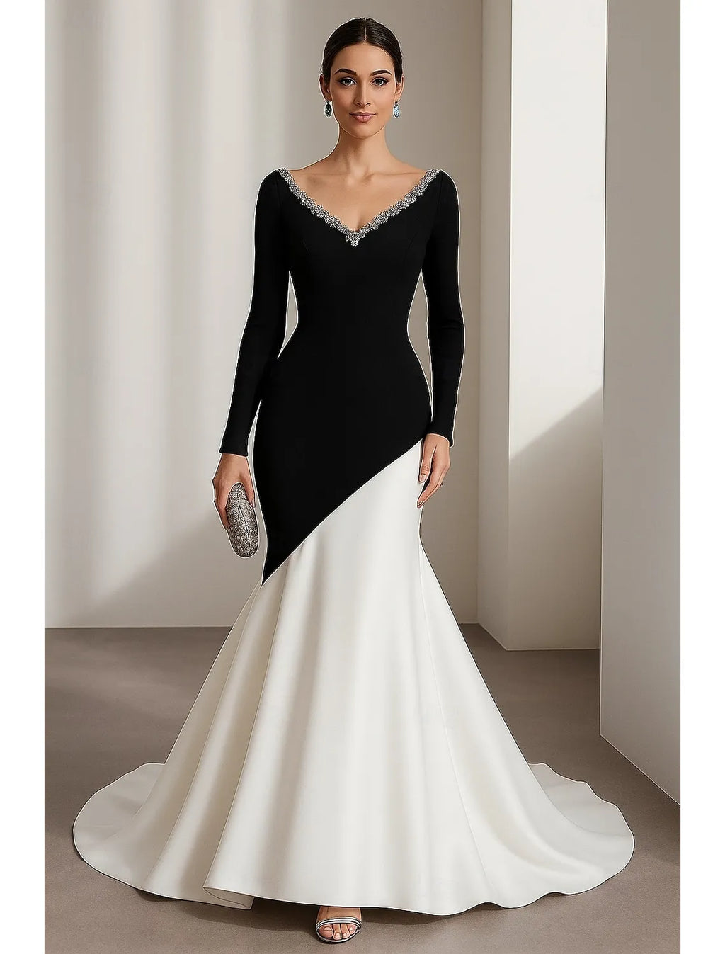 Black Mermaid V-Neck Long Sleeve Crystals Beaded Color Block White Evening Dress