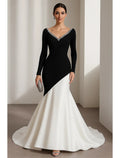 Black Mermaid V-Neck Long Sleeve Crystals Beaded Color Block White Evening Dress