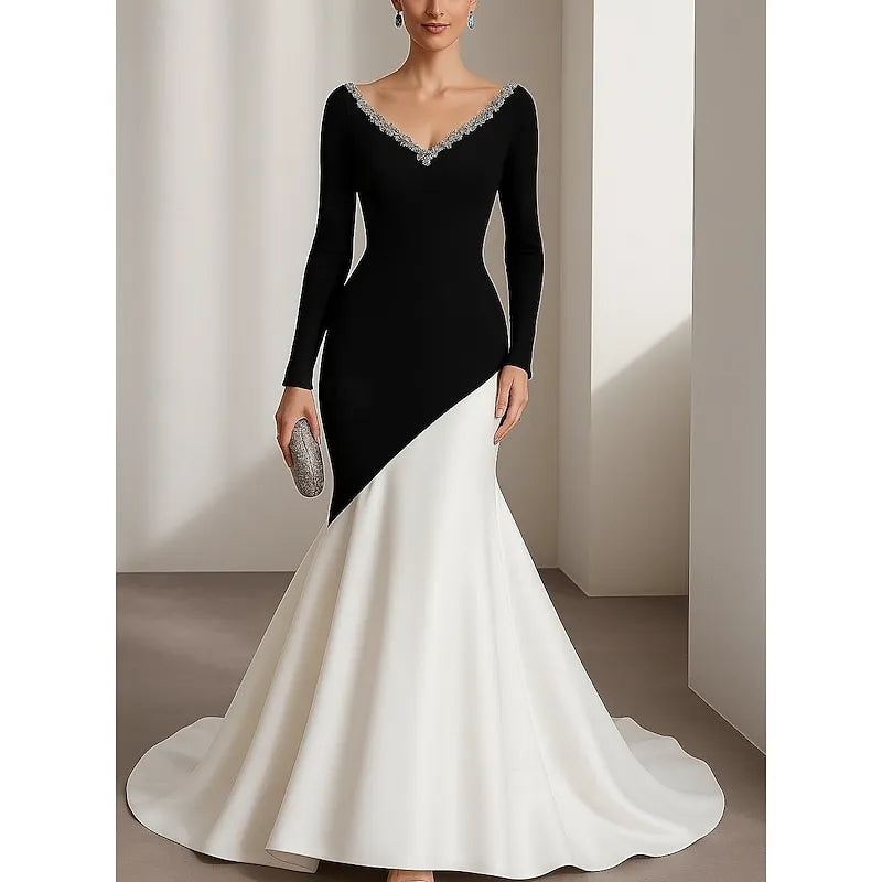 Black Mermaid V-Neck Long Sleeve Crystals Beaded Color Block White Evening Dress