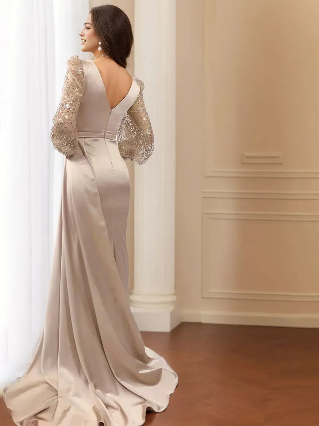 Mermaid V-Neck Long Sleeves Ruched Mother of the Bride Dresses With Split Side