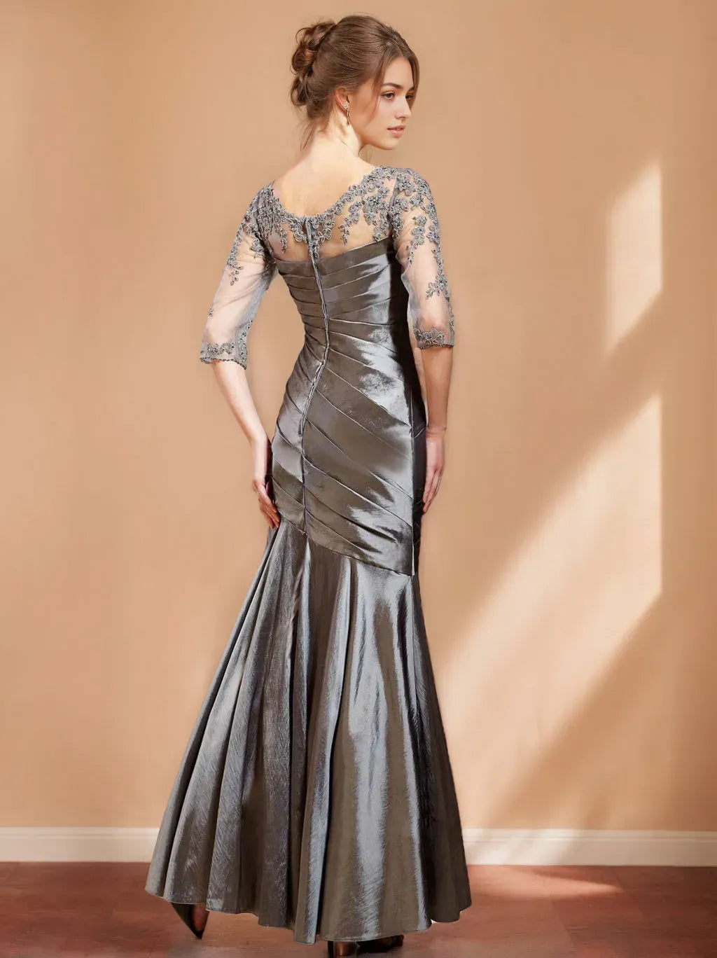 V-Neck 3/4 Length Sleeves Floor-Length Unique Mother of the Bride Dresses With Appliques & Ruching
