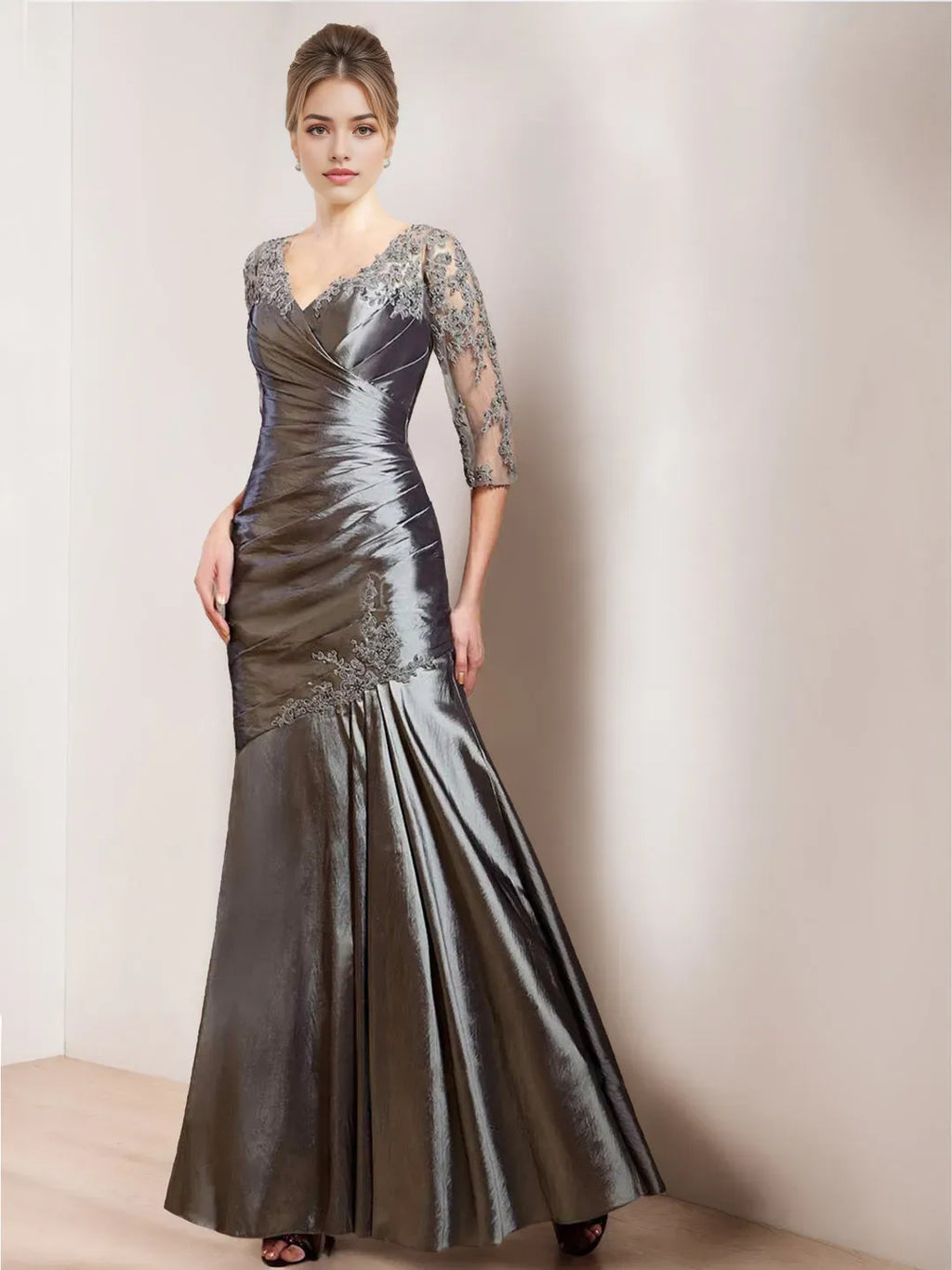 V-Neck 3/4 Length Sleeves Floor-Length Unique Mother of the Bride Dresses With Appliques & Ruching