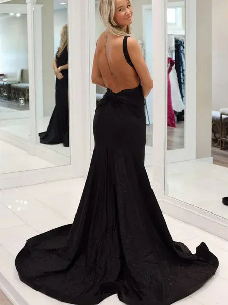 Black Mermaid V-Neck Open Back Slit Long Prom Dress With Sweep Train
