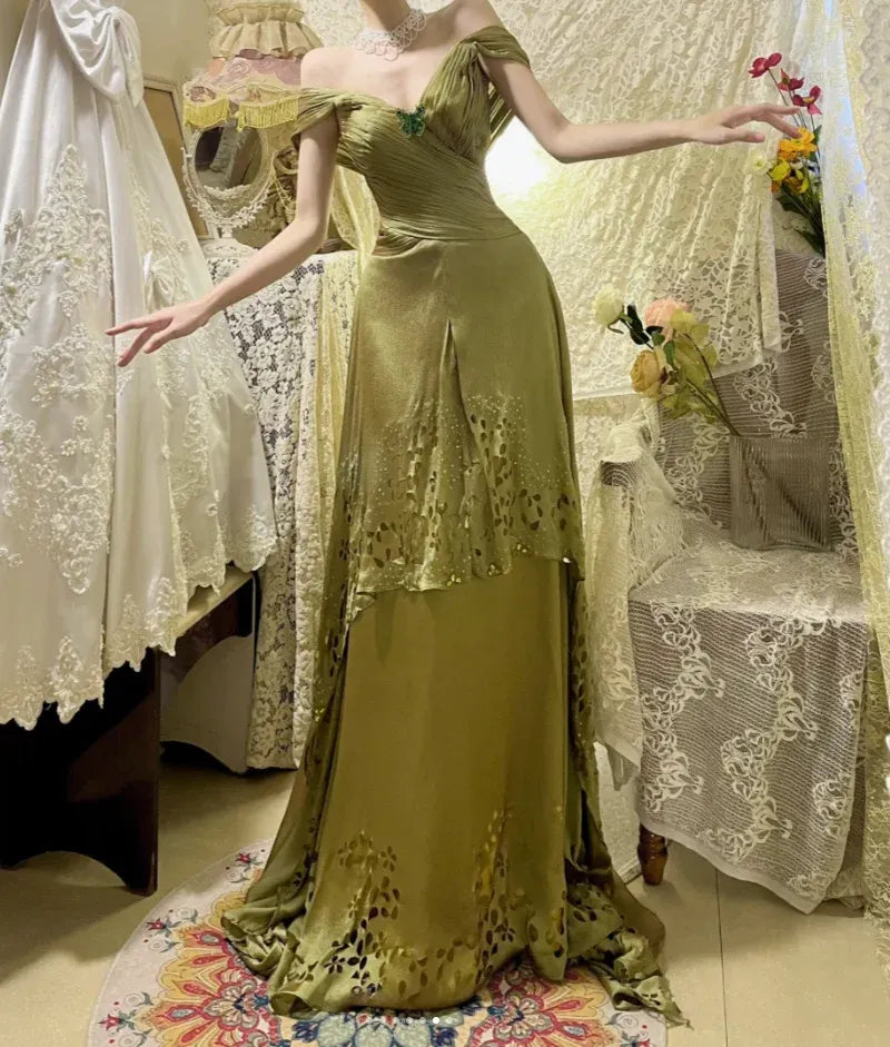 Sage Green Mermaid V Neck Pleated Beaded Train Evening Dress