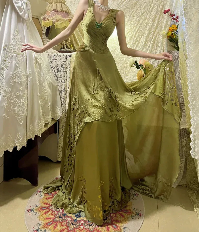 Sage Green Mermaid V Neck Pleated Beaded Train Evening Dress