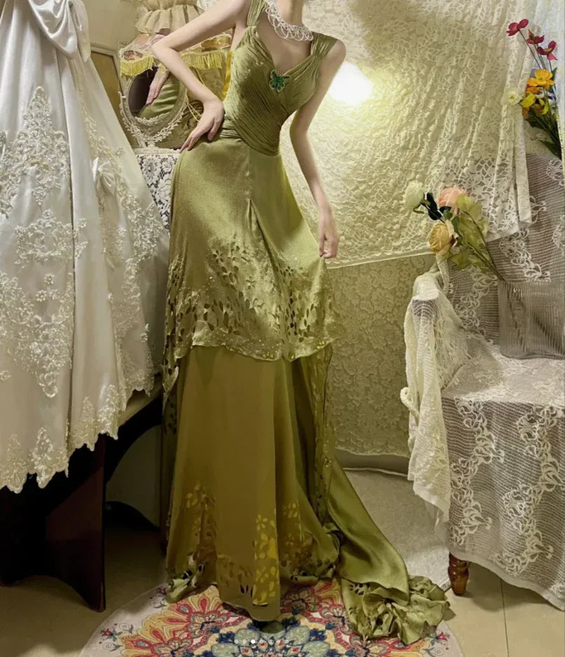 Sage Green Mermaid V Neck Pleated Beaded Train Evening Dress