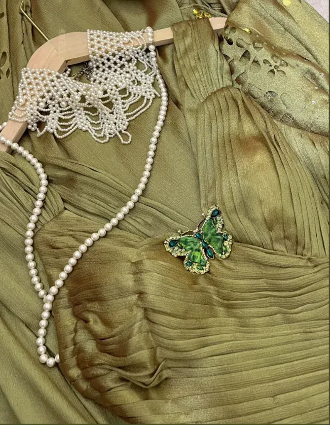 Sage Green Mermaid V Neck Pleated Beaded Train Evening Dress
