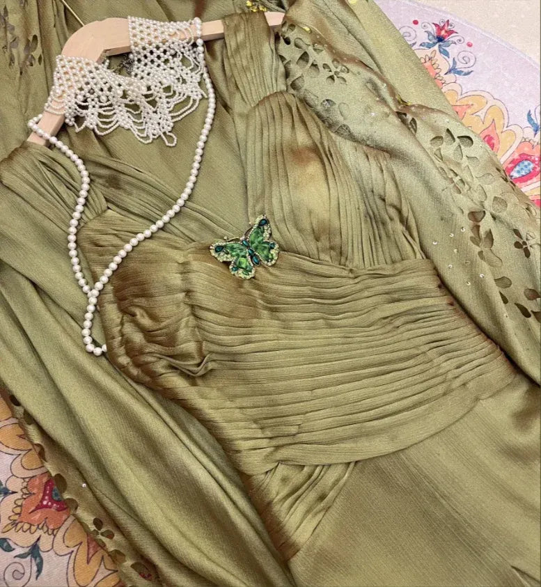 Sage Green Mermaid V Neck Pleated Beaded Train Evening Dress