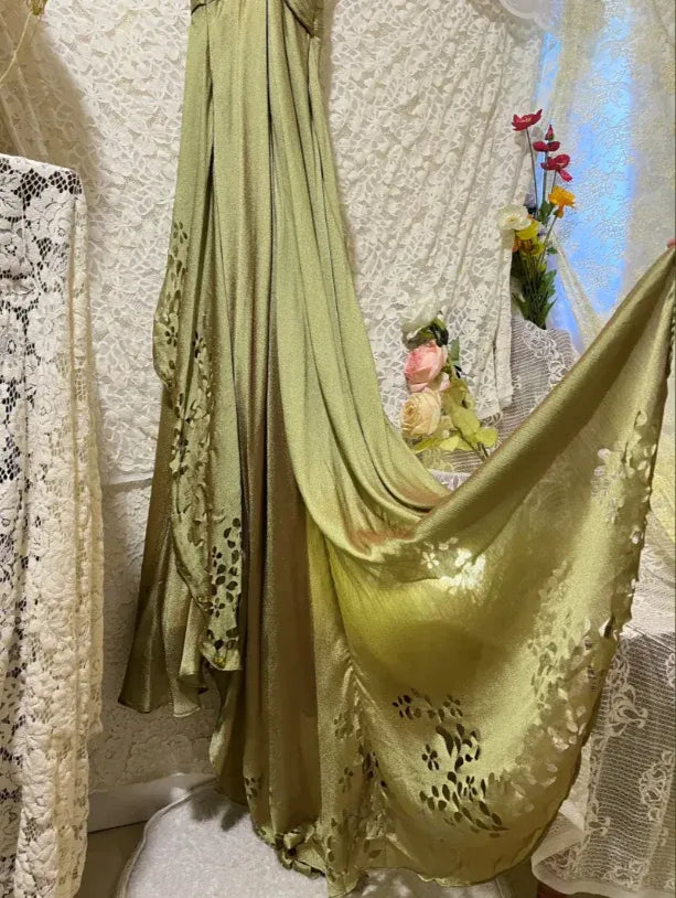Sage Green Mermaid V Neck Pleated Beaded Train Evening Dress