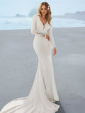 Mermaid Wedding Dress Deep V - Neck Trimmed Sleeves Flowing Train for Coastal Brides