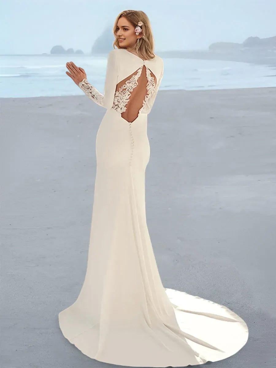 Mermaid Wedding Dress Deep V - Neck Trimmed Sleeves Flowing Train for Coastal Brides