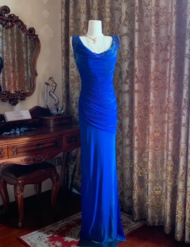 Blue Mermaid Cowl Neck Beaded Pleated Royal Maxi Evening Dress