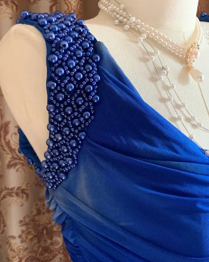 Blue Mermaid Cowl Neck Beaded Pleated Royal Maxi Evening Dress