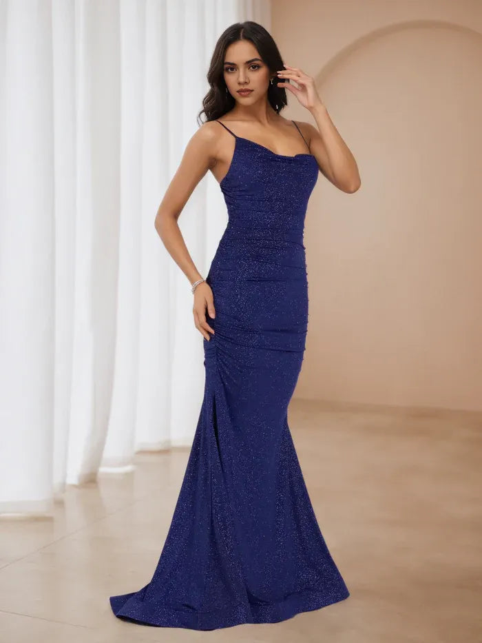 Blue Midnight Prom Dress Spaghetti Straps Ruched Mermaid Skirt Ethereal Charm for School Dances