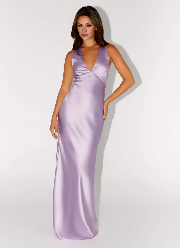 Lilac Satin Sheath V-Neck Crisscross-Back Floor-Length Prom Dress